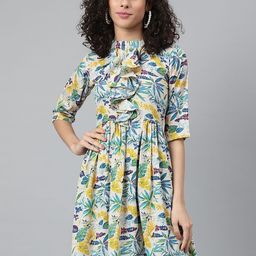Wabii Women Off White & Blue Floral Printed A-Line Dress-picture-6