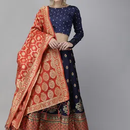 DIVASTRI Navy Blue & Gold-Toned Woven Design Semi-Stitched Lehenga & Unstitched Blouse with Dupatta-picture-46