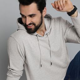 HERE&NOW Grey Melange Solid Hooded Sweatshirt-image-17