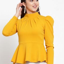 KASSUALLY Mustard Yellow High Neck Peplum Top-11
