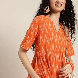 Taavi Orange & White Ikat Woven Design Ethnic A-Line Dress with Gathers-picture-37