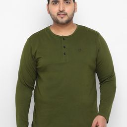 Urbano Plus Men Olive Green Solid Henley Neck T-shirt-image-73