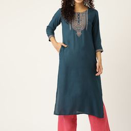 MissKurti Women Teal Green Ethnic Motifs Embroidered Thread Work Kurta-11
