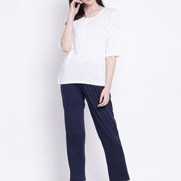 Clovia Women White & Navy Blue Printed Night suit-image-58
