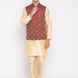 MAG Men Cream-Coloured Solid Kurta with Churidar & Nehru Jacket-8