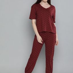 Chemistry Women Burgundy & Off-White Polka Dots Printed Night suit-picture-6