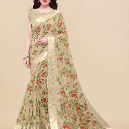 KALINI Beige & Olive Green Floral Zari Bagh Saree-image-57