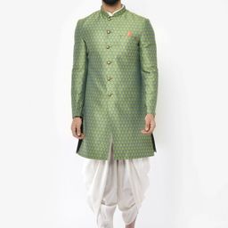 KISAH Men Green Woven-Design Cotton Sherwani Set-image-13