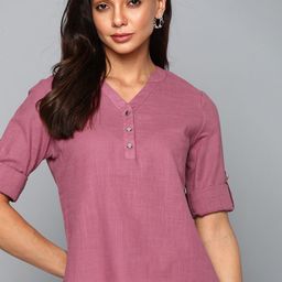 Chemistry Pink Pure Cotton Mandarin Collar Roll-Up Sleeves Top-image-50
