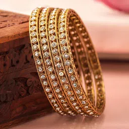 Rubans Set of 4 18K Mehandi Gold-Plated Crystal White Cubic Zirconia Studded Bangles-18