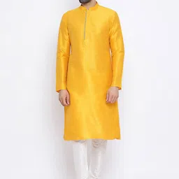 NAMASKAR Men Yellow & Off-White Solid Dupion Silk Kurta with Churidar-picture-11