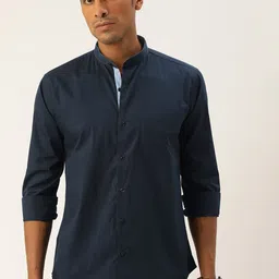 Hancock Men Navy Blue Slim Fit Solid Casual Shirt-image-92