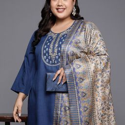 Varanga Plus Size Embroidered Thread Work Kurta with Trousers & Dupatta image 1