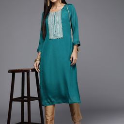 Varanga Women Teal Ethnic Motifs Yoke Design Gotta Patti Kurta-image-57