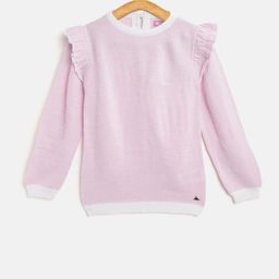 Cherry Crumble Girls Pink & Off-White Self Design Pullover Sweater-image-60