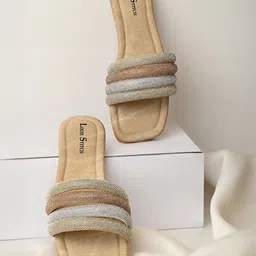 LOUIS STITCH Women Beige Glitter Strap Flat Heel Lightweight Sandals-image-95