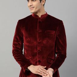 HARSAM Men Maroon Self-Design Bandhgala Blazer-picture-37