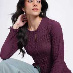 glitchez Sleek Seersucker Asymmetric Keyhole Neck Top-image-30