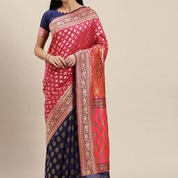 Mitera Pink & Navy Blue Woven Design Dharmavaram Saree-image-14