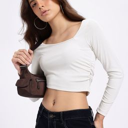 glitchez Dramatic Ribbed Ruched Detail Crop Asymmetric Hem Top-picture-35