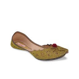 Fulkari Women Gold-Toned Woven Design Fabric Mojaris-image-65