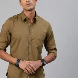 Roadster Men Khaki Regular Fit Solid Casual Shirt-0
