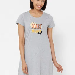 Soie Women Grey-Melange & Orange Printed Sleep Shirt-19