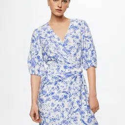 MANGO Women White & Blue Floral Printed Wrap Dress-13