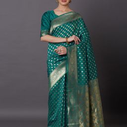 Mitera Turquoise Green & Gold-Toned Silk Blend Woven Design Kanjeevaram Saree-44