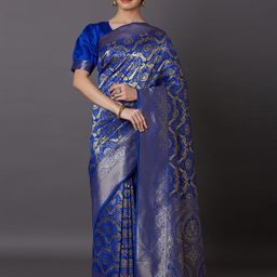Mitera Blue Silk Blend Woven Design Kanjeevaram Saree-image-13