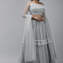 DIVASTRI Grey Embellished Beads and Stones Semi-Stitched Lehenga & Unstitched Blouse With Dupatta-image-16