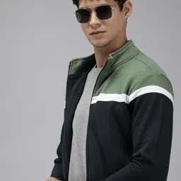 Park Avenue Colourblocked Mock Collar Front-Open Casual Sweatshirt-picture-43