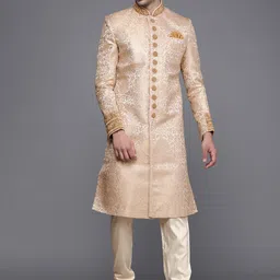 Manyavar Men Peach & Beige Printed Sherwani Set-image-7