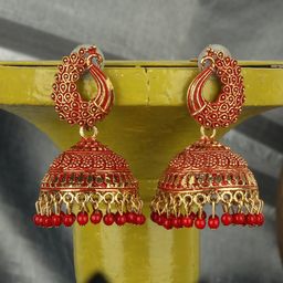 ANIKAS CREATION Red & Gold-Plated Peacock Shaped Jhumkas-8