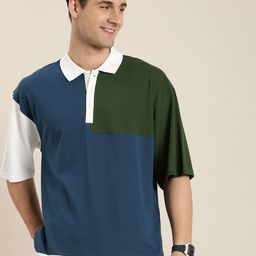 HERE&NOW Colourblocked Polo Collar Drop-Shoulder Sleeves Pure Cotton T-shirt-picture-4