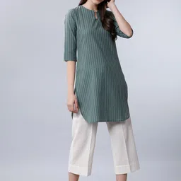 Vishudh Women Olive Green & Off-White Striped Tunic-image-22