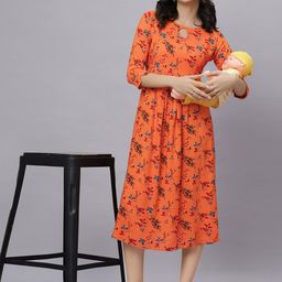 Mammas Maternity Floral Print Keyhole Neck Fit And Flare Maternity Dress-image-79