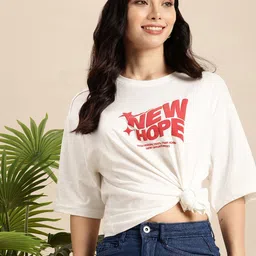 Mast & Harbour Pure Cotton Typography Printed Drop-Shoulder Sleeves Relaxed Fit T-shirt-picture-40