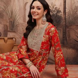 Sangria Women Floral Printed Sequined Zari Work Empire Style A-Line Kurta-43