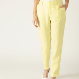 MANGO Women Yellow Linen Regular Fit Solid Trousers-picture-9