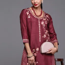 Indo Era Women Maroon & Beige Ethnic Motifs Printed Kurta-picture-2
