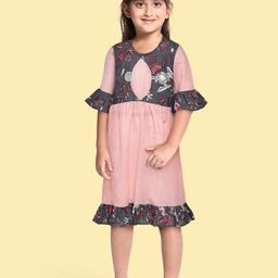 Eimoie Pink & Grey Pure Cotton Floral A-Line Dress-image-76