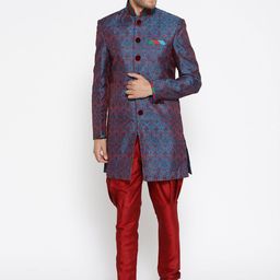 Manish Creations Men Blue & Red Handcrafted Woven Design Sherwani-picture-57