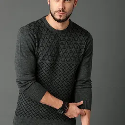 Roadster Men Charcoal Grey Self-Design Pullover-picture-25