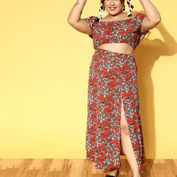 Berrylush Curve Women Gorgeous Red Printed Top with Skirt-image-5