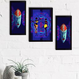 eCraftIndia Set of 3 Blue & Red Tribal Theme Satin Matt Textured UV Art Painting-11