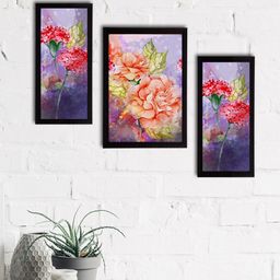 eCraftIndia Set of 3 Blue & Orange Botanical and Floral Satin Matt Textured UV Art Paintings-13