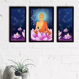 eCraftIndia Set of 3 Blue & Orange Meditating Lord Buddha Satin Matt Textured UV Wall Paintings-7