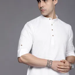 Manyavar Men White Solid Short Kurta-image-22