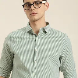 INVICTUS Men Green & Off-White Opaque Striped Casual Pure Cotton Shirt-image-12